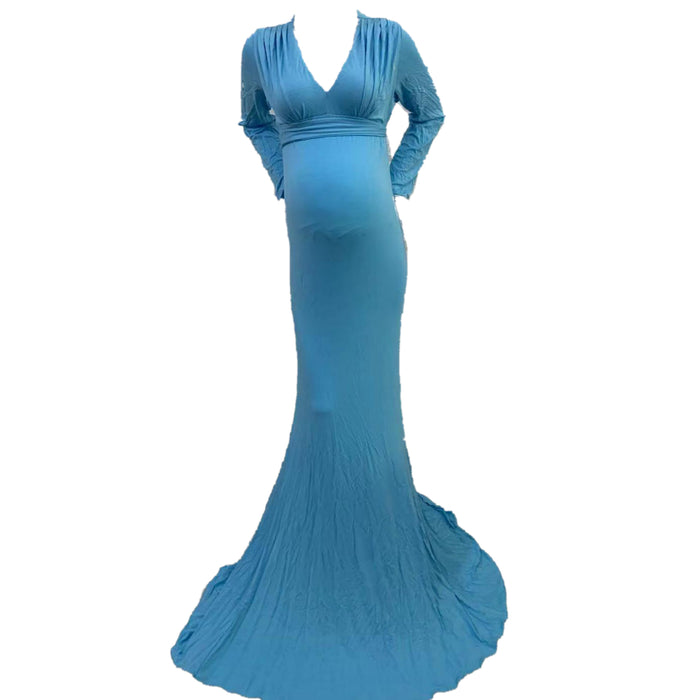 Babymoon V Neck Maternity Gown Dress - Light Blue