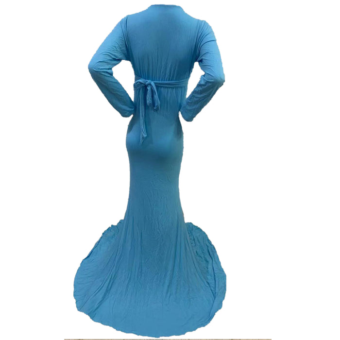 Babymoon V Neck Maternity Gown Dress - Light Blue