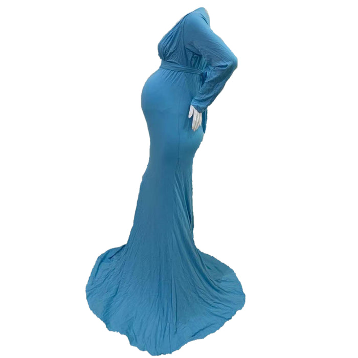 Babymoon V Neck Maternity Gown Dress - Light Blue