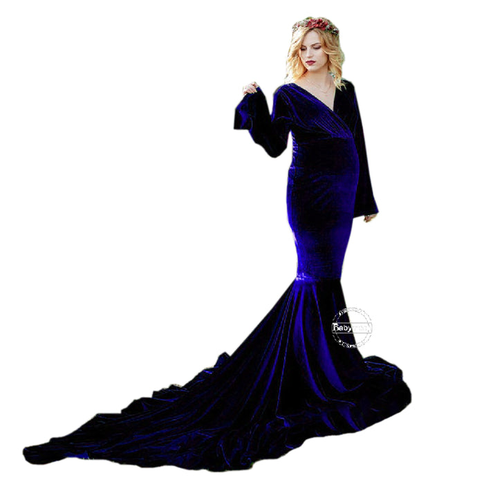 Babymoon Velvet Baggy Sleeve Maternity Gown Dress -  Navy Blue