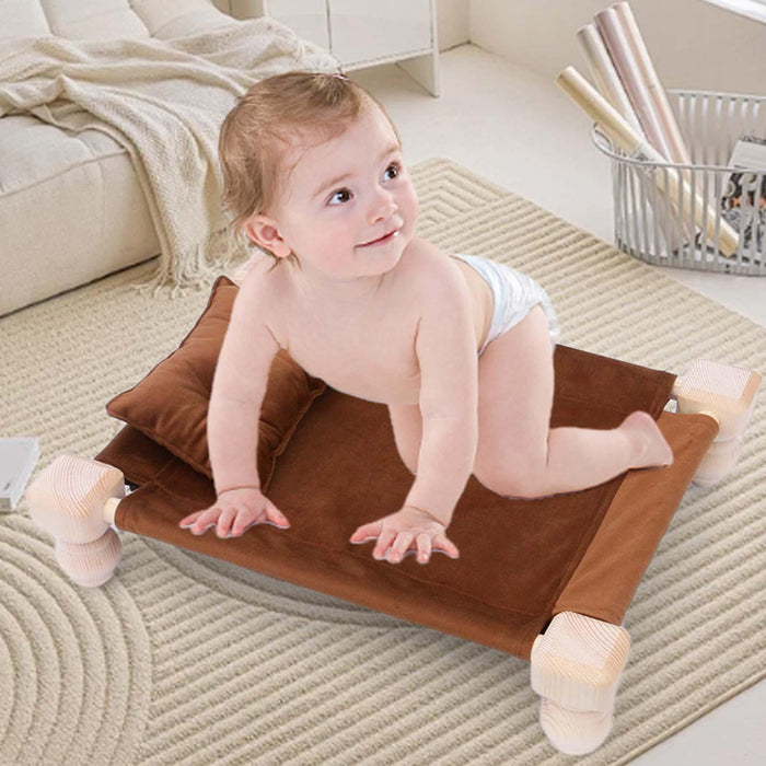 Babymoon Velvet Cover Wooden Bed | Wooden Properties | Pillow | Baby Photoshoot Props | Brown