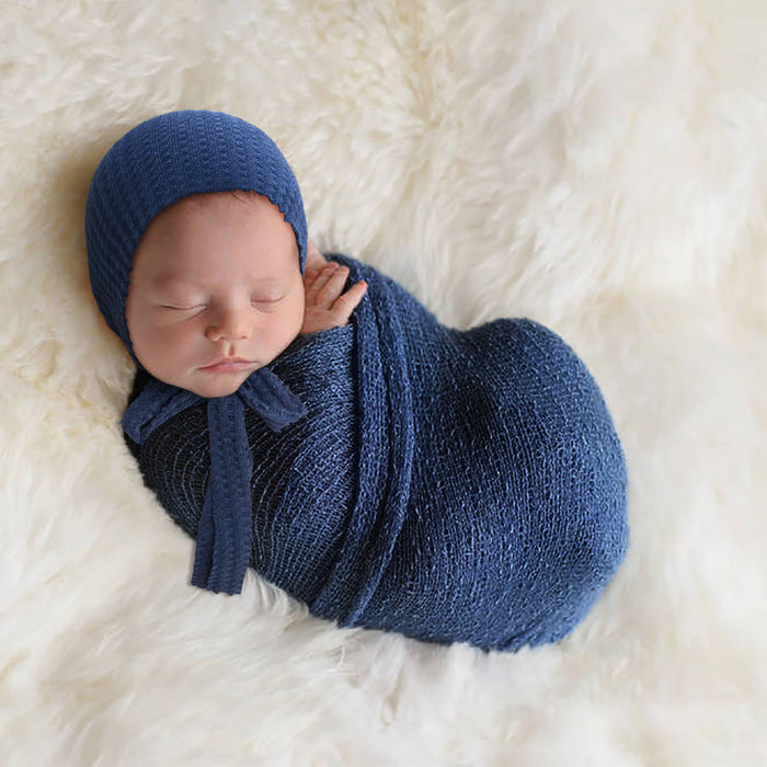 Babymoon Waffle Beanie Cap with String | Baby Photography Props | Navy Blue