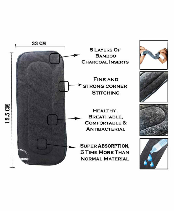Babymoon Washable & Reusable Cloth Diaper Pocket With Bamboo Charcoal Insert Pack of 6