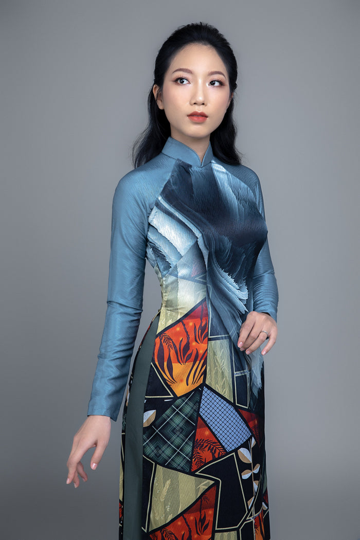 Collage Pattern Printed Ao Dai with pants. Vietnamese Ao Dai. Traditional Ao Dai.