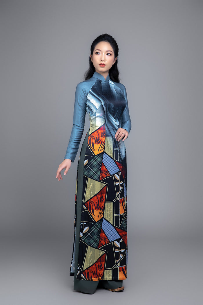 Collage Pattern Printed Ao Dai with pants. Vietnamese Ao Dai. Traditional Ao Dai.
