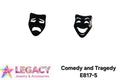 Two small black jewelry pieces shaped like theatrical masks, one with a crying face and one with a laughing face, shown on a white background with the text 'Comedy and Tragedy' and the brand name 'LEGACY Jewelry & Accessories'.