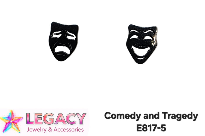 Two small black jewelry pieces shaped like theatrical masks, one with a crying face and one with a laughing face, shown on a white background with the text 'Comedy and Tragedy' and the brand name 'LEGACY Jewelry & Accessories'.