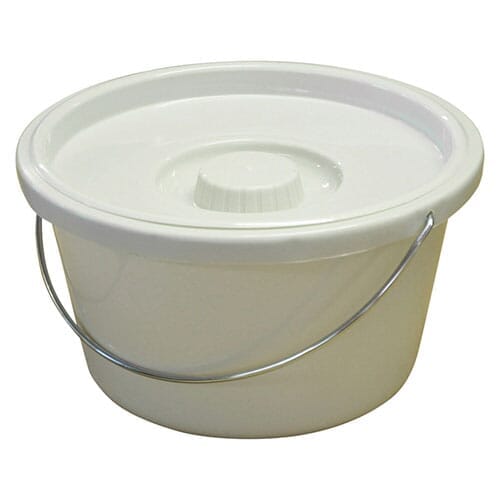 Commode Pan Lid with lid raised showing the open seat and removable commode pan, with supportive arms and adjustable height on a plain background.