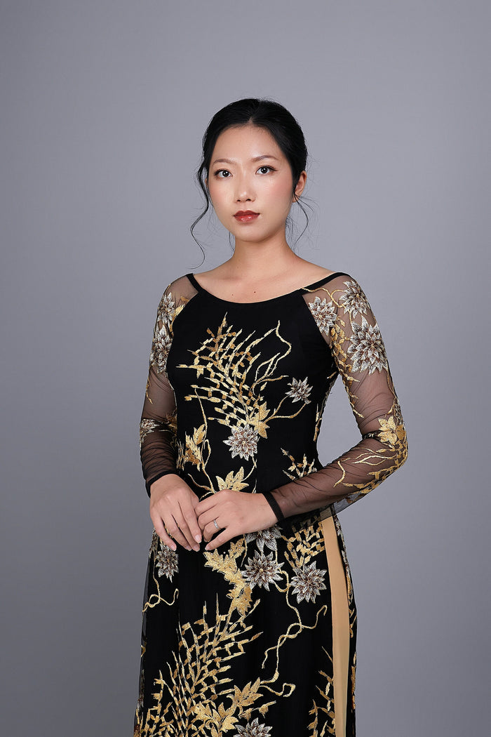Custom Ao Dai. Floral motif lace over black chiffon fabric.