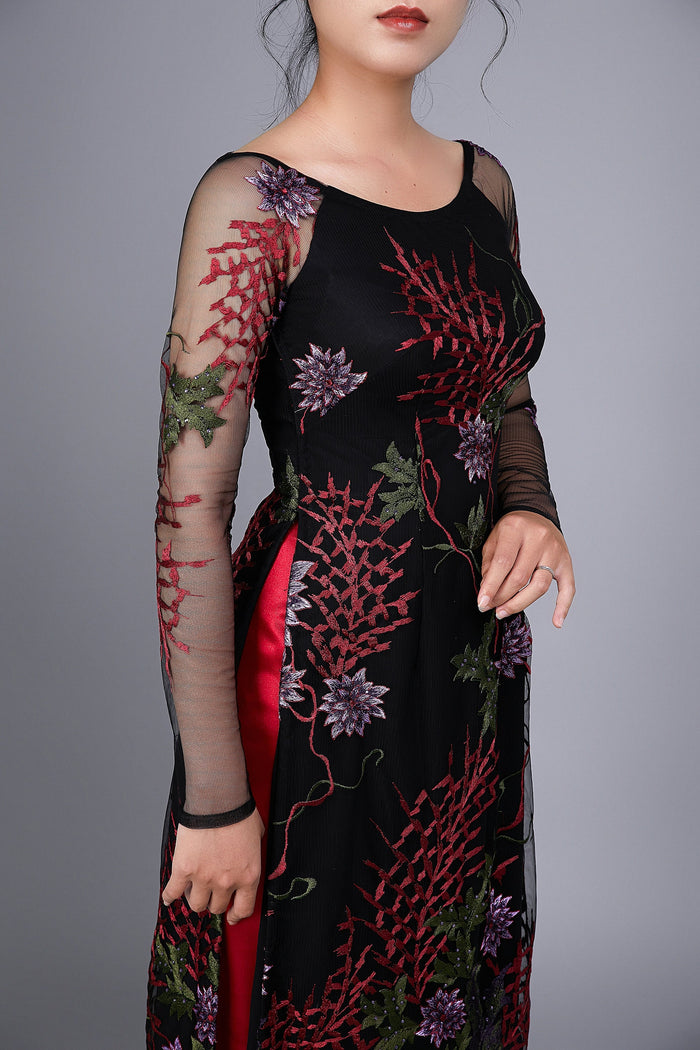 Custom Ao Dai. Floral motif lace over black chiffon fabric.
