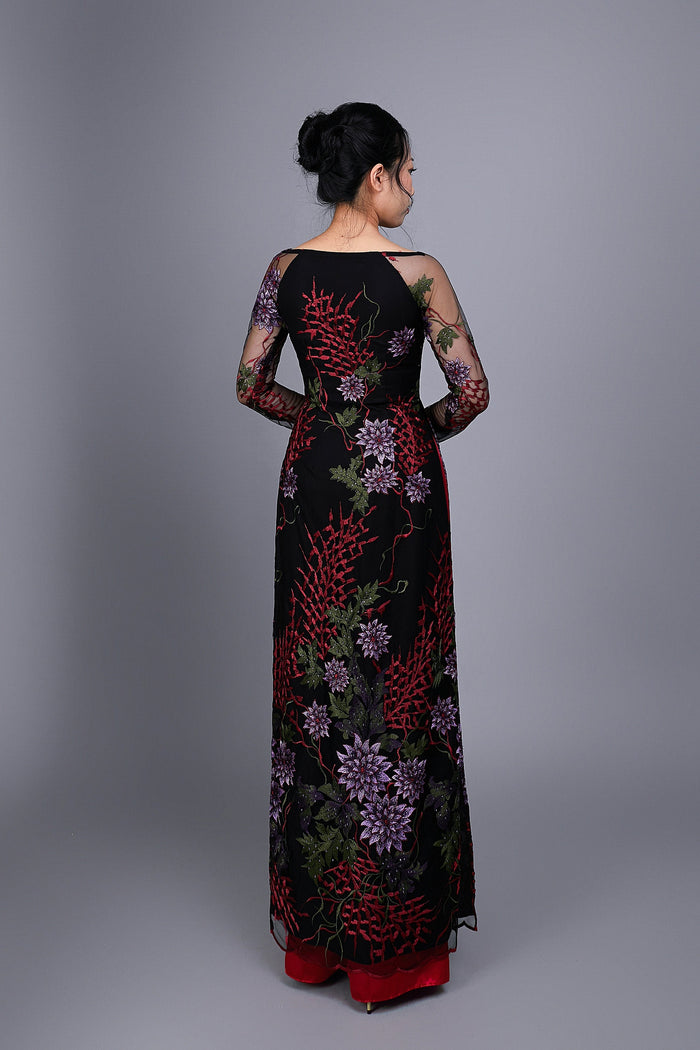 Custom Ao Dai. Floral motif lace over black chiffon fabric.