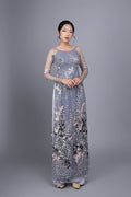 Custom Ao Dai. Floral motif lace over gray chiffon fabric.