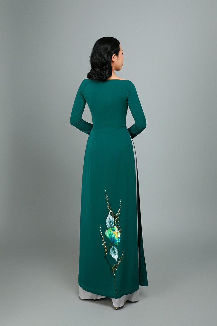 Custom Ao Dai. Hand-painted floral motif on green silk