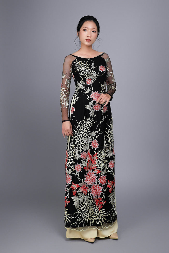 Custom Ao Dai (traditional Vietnamese dress). Floral motif lace over black chiffon fabric.