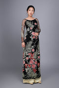 Custom Ao Dai (traditional Vietnamese dress). Floral motif lace over black chiffon fabric.