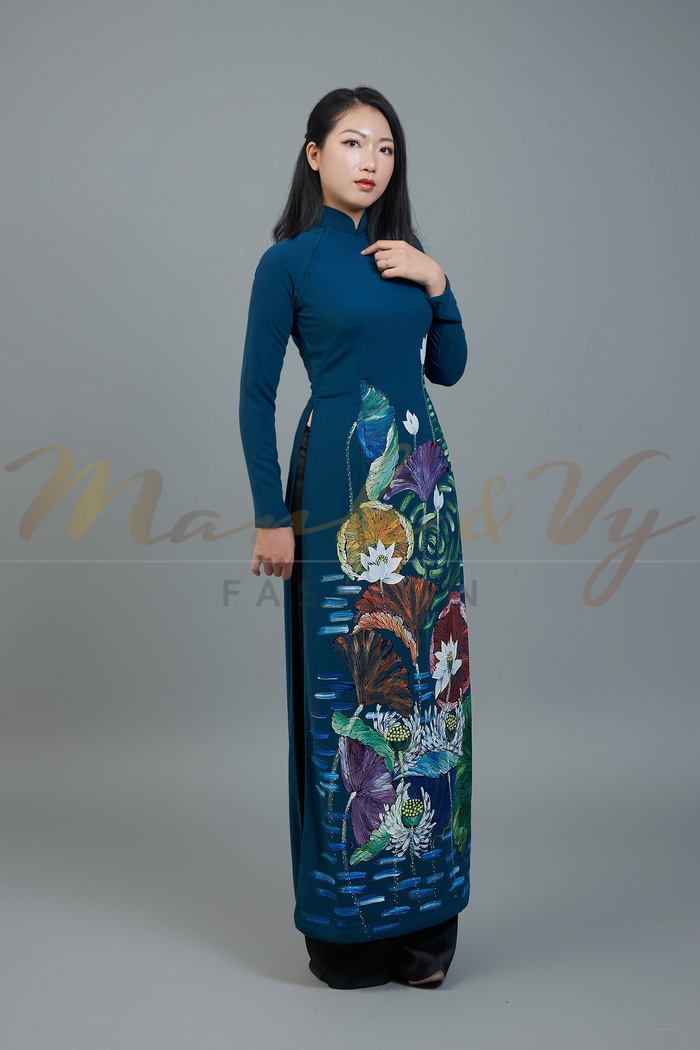 Custom made ao dai. Unique, hand-painted fabric in elegant teal color.