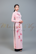 Custom made ao dai. Unique, hand-painted, floral motif on light pink fabric.
