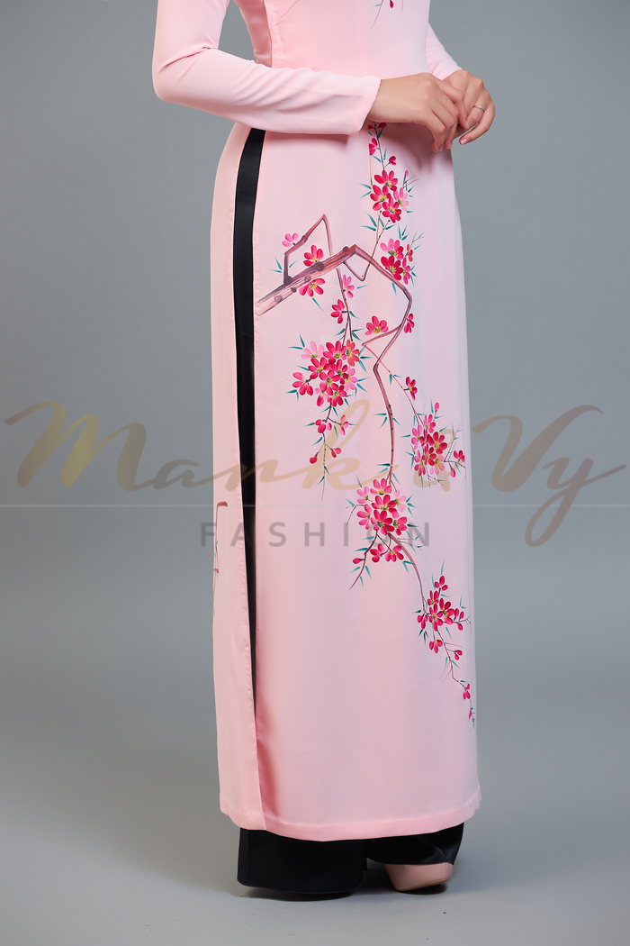 Custom made ao dai. Unique, hand-painted, floral motif on light pink fabric.
