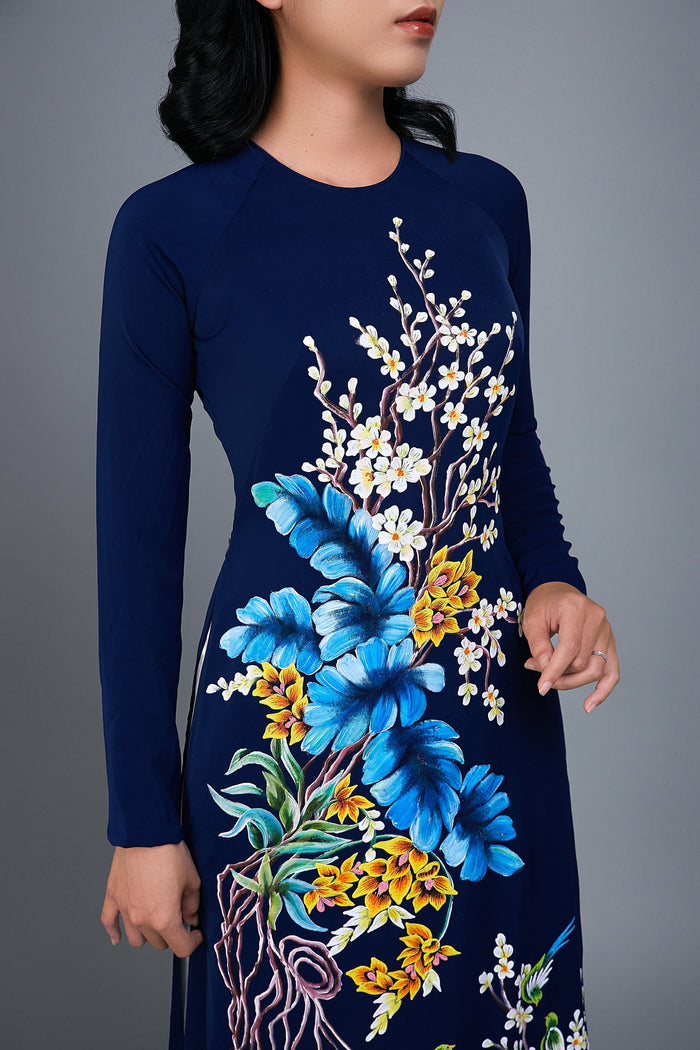 Custom made, hand-painted ao dai with spectactular floral motif on silk