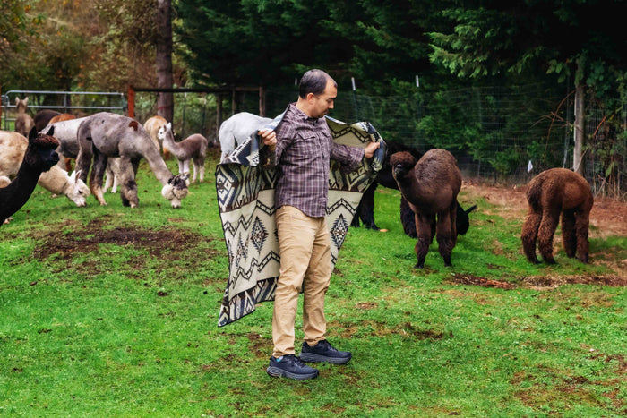 Lifestyle photo of the Cuzco Stone Alpaca Wool Blanket outdoors showing its warm tones and artisan pattern.
