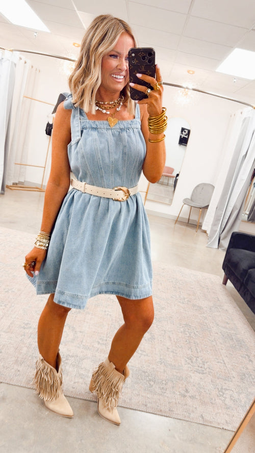 - FINAL SALE- Hadley Tie-Shoulder Denim Dress