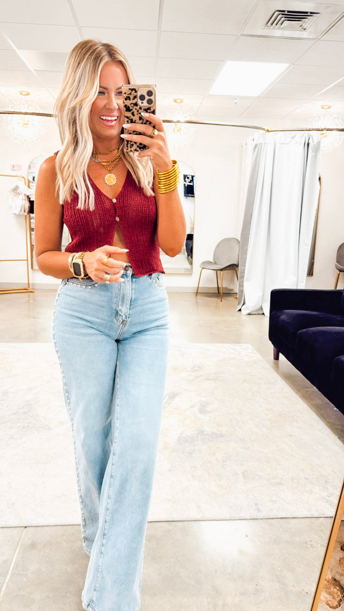 - FINAL SALE- The Everyday Crochet Button Vest- Burgandy