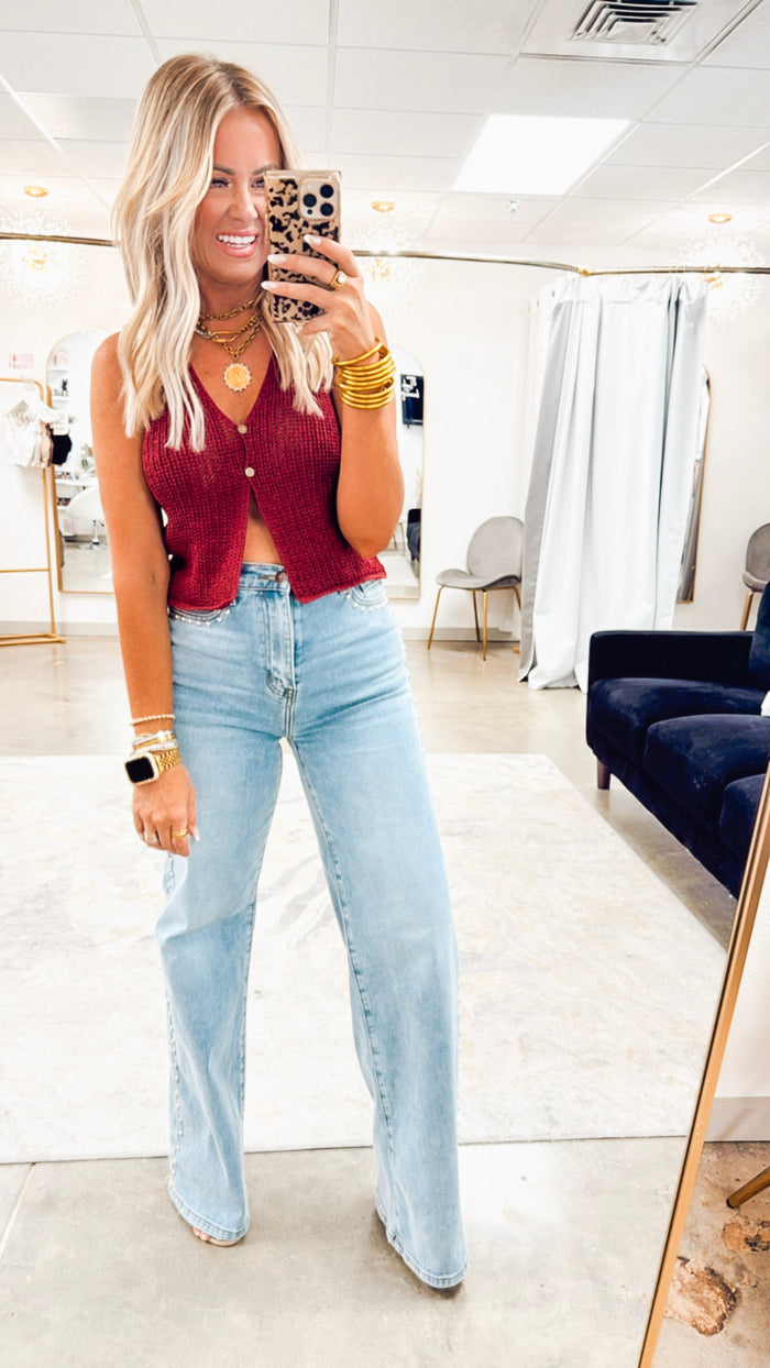 - FINAL SALE- The Everyday Crochet Button Vest- Burgandy