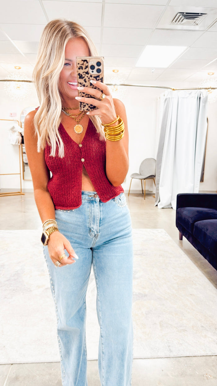 - FINAL SALE- The Everyday Crochet Button Vest- Burgandy