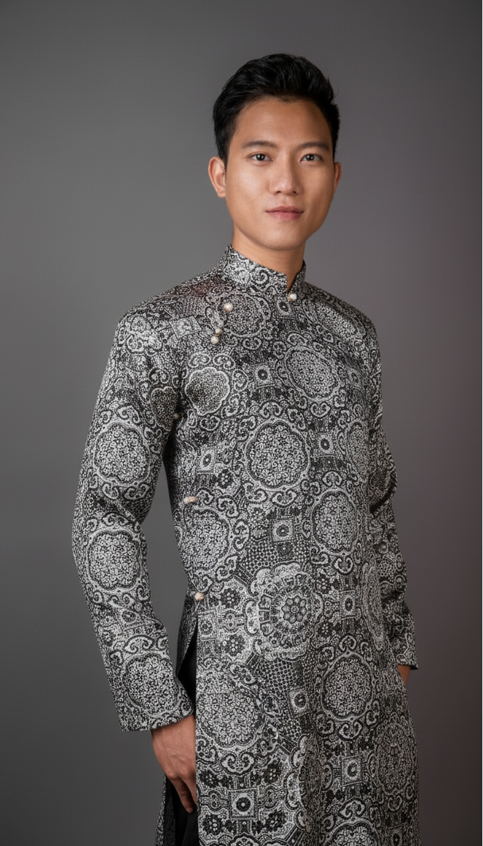 Grey and White Men's ao dai. Vietnamese national clothing.