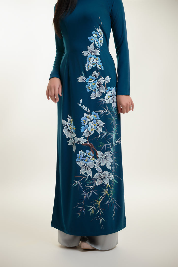 Hand-painted Ao Dai on Teal Silk and Grey Pants
