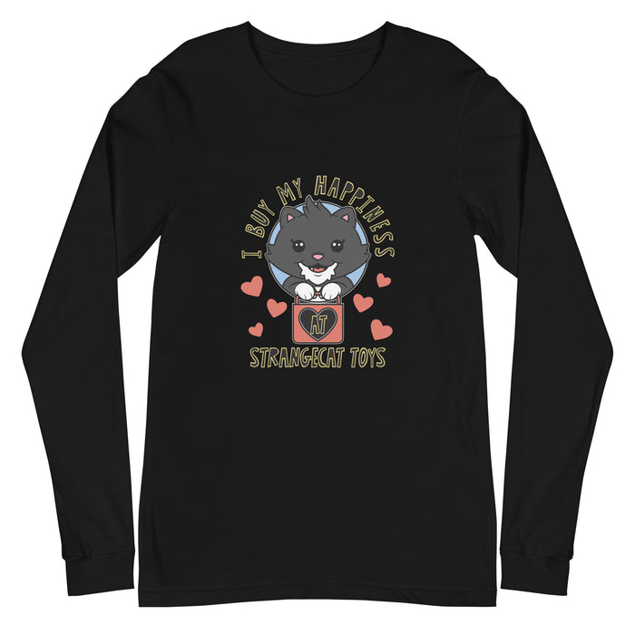 Happiness Long Sleeve Tee featuring a cartoon cat holding a bag, perfect for casual or formal wear, crafted from soft, high-quality cotton.