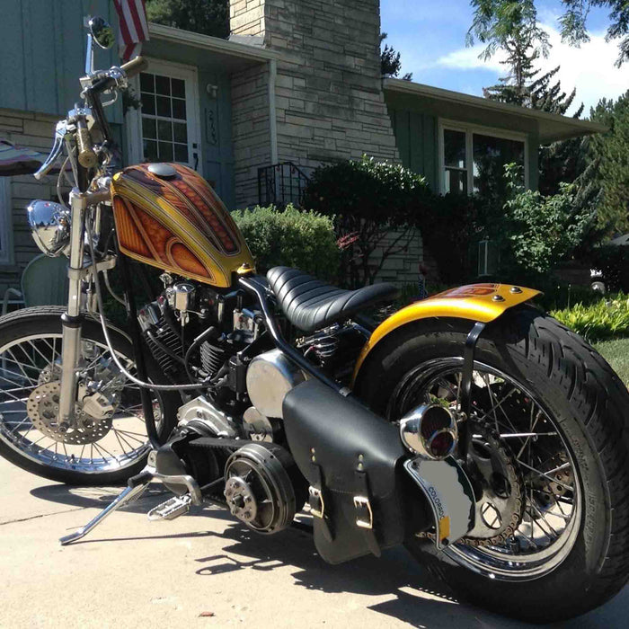 Upgrade your Harley-Davidson® Hardtail Chopper / Bobber with the SHL01 Left Side Solo Bag. Hand crafted in USA with premium leather and top quality hardware. Durable and stylish, it's the perfect fit for your motorcycle.
