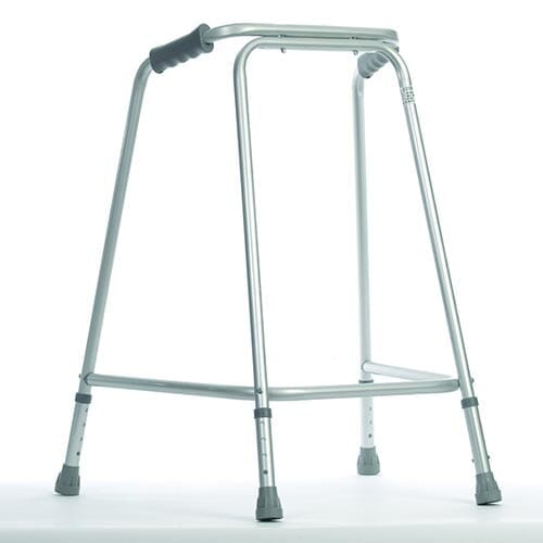 Height Adjustable Walking Frame on a plain background with two front wheels, two rear ferrules and both upper and lower handgrips.