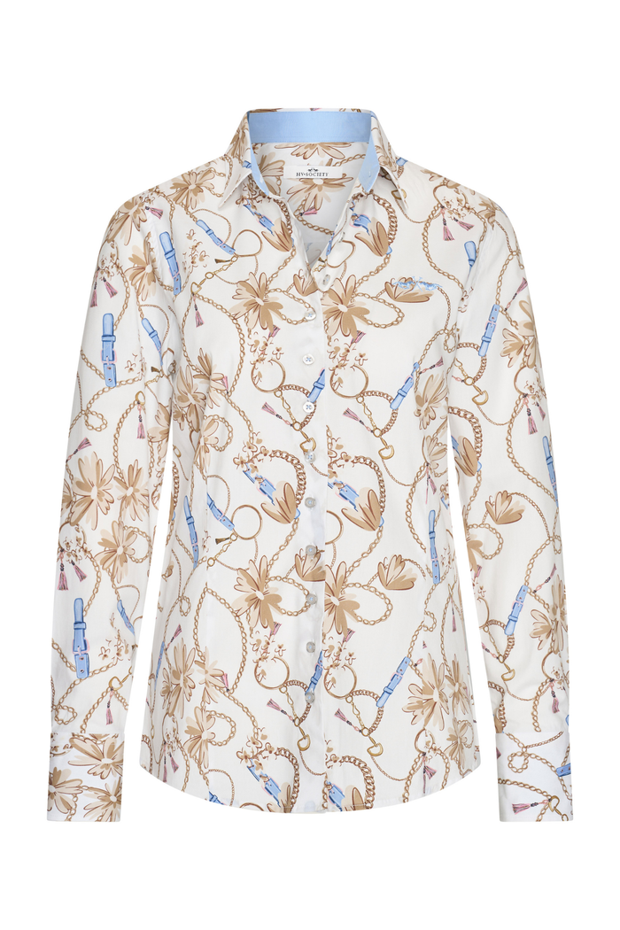 Printed HV Society Djade blouse in a soft sand tone with floral and chain detailing. Stretch cotton for a comfortable, flattering fit. Shop at Dotique.