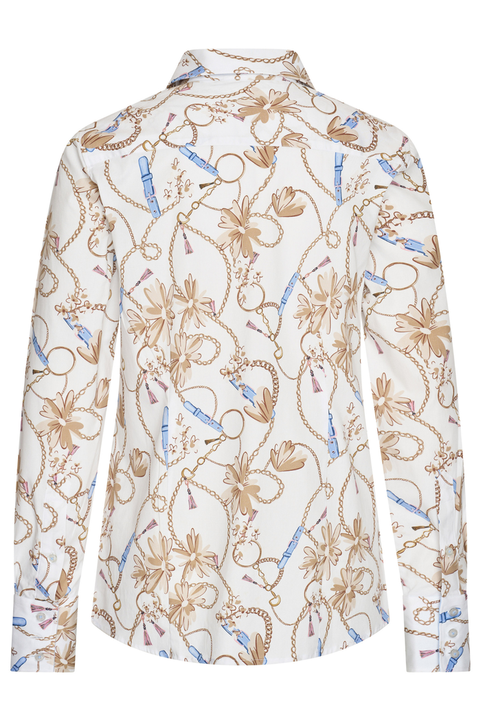 Printed HV Society Djade blouse in a soft sand tone with floral and chain detailing. Stretch cotton for a comfortable, flattering fit. Shop at Dotique.