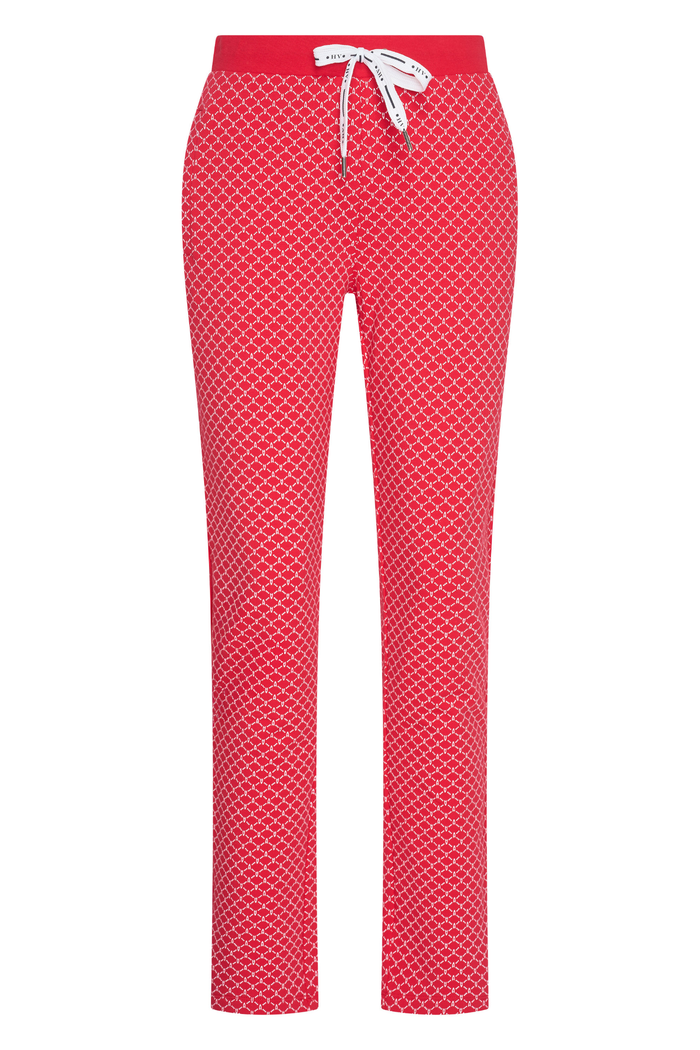 HV Society Gwyneth red printed trousers in a soft stretch cotton blend. Easy pull-on fit with a flattering slim leg. Shop at Dotique.