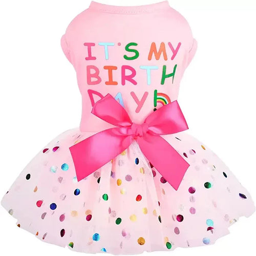 AE-STARPET Dog Apparel XS "It's My Birthday" Pink with Polka Dot Tutu Dog Dress