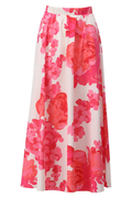 Flowing maxi skirt with bold red and pink floral print, elastic waistband, and flattering silhouette for summer styling