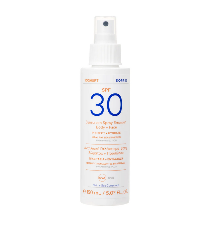 Korres Yoghurt SPF 30 Sunscreen Spray Emulsion for Body and Face – lightweight, hydrating, high-protection sun care, 150ml