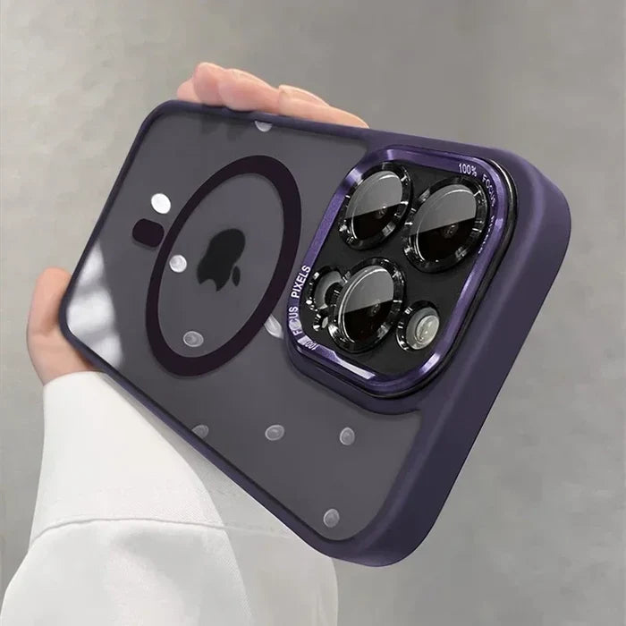 Purple iPhone case with camera lens protection.