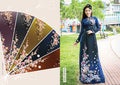 Made-to-measure ao dai by Mark&Vy using high quality, Thai Tuan fabric.  Pretty, flower blossom motif.