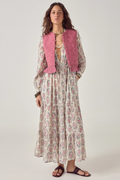 Woman wearing Maison Hotel Mia Vest Peonia Punk Pink layered over floral dress by Maison Hotel, shop Maison Hotel at Dotique
