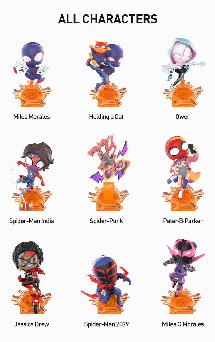 Marvel Spider-Man Across the Spider-Verse Series Figures preorder featuring various toy figurines, including a Spider-Man character, available in regular and secret designs.