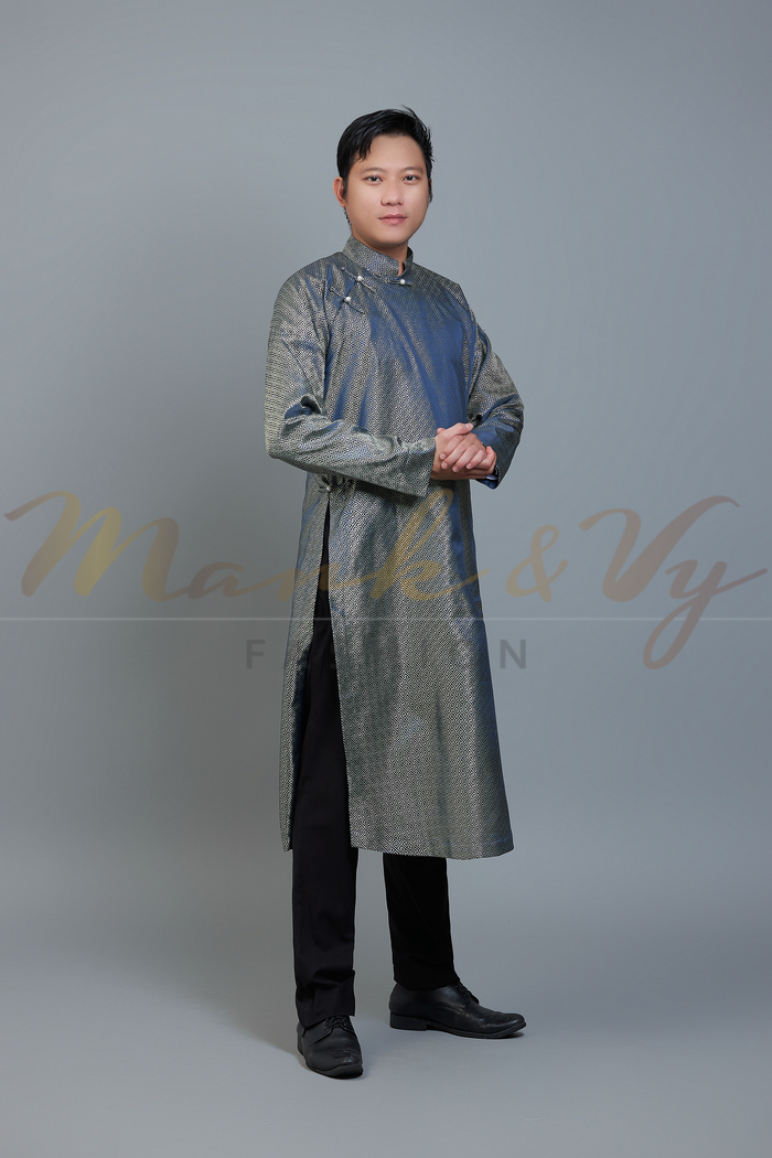 Men's ao dai in dark blue and champagne color - Vietnamese national clothing. Free custom fit.