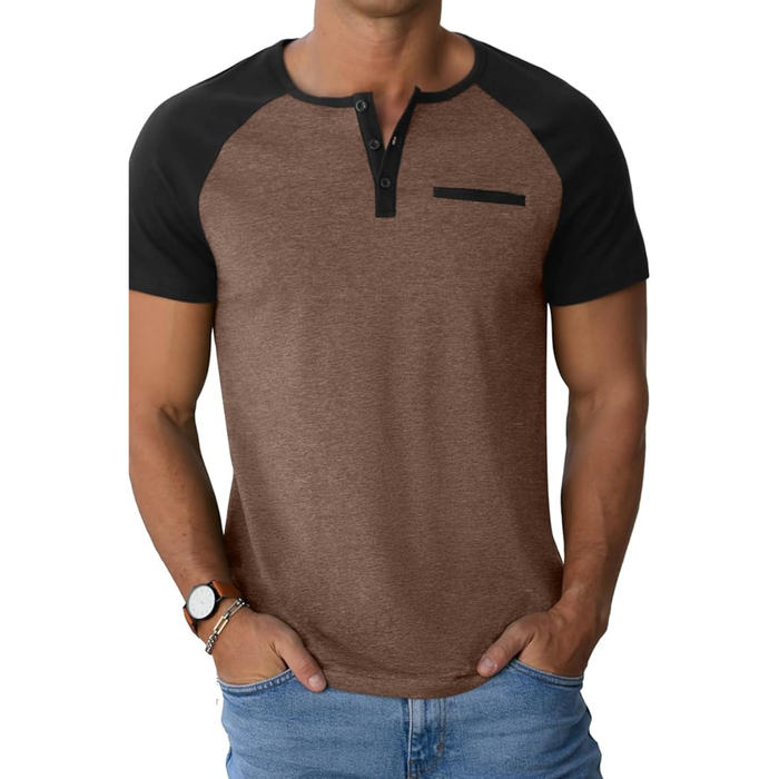 Men’s Cotton Blend Henley T-Shirt, Brown Black Short Sleeve Casual Top