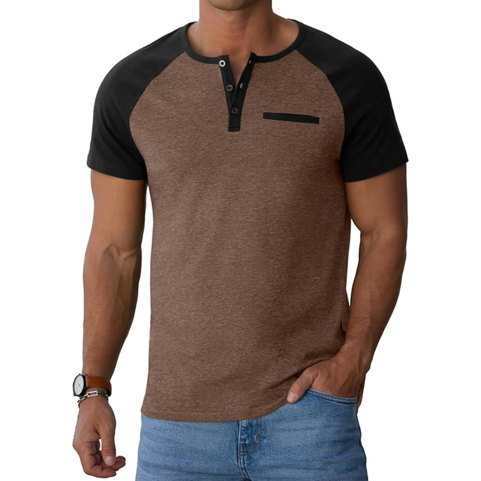Men’s Cotton Blend Henley T-Shirt, Brown Black Short Sleeve Casual Top