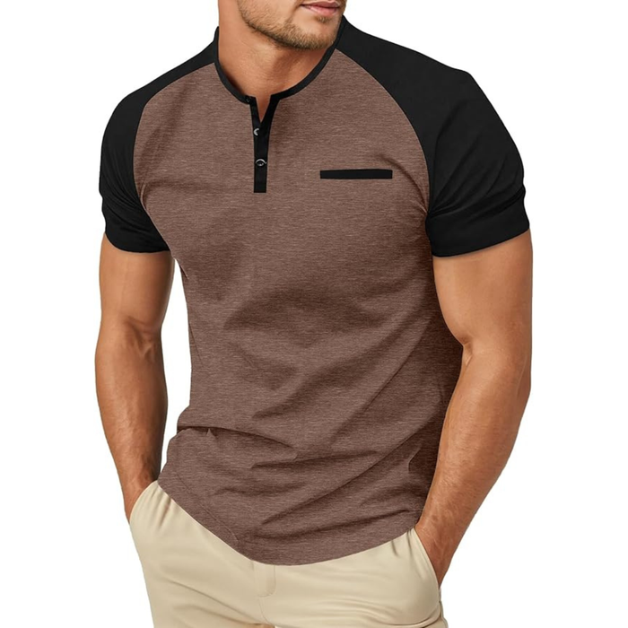 Men’s Cotton Blend Henley T-Shirt, Brown Black Short Sleeve Casual Top
