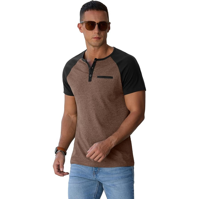 Men’s Cotton Blend Henley T-Shirt, Brown Black Short Sleeve Casual Top