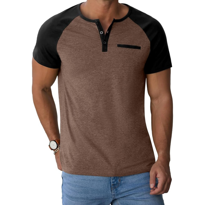 Men’s Cotton Blend Henley T-Shirt, Brown Black Short Sleeve Casual Top