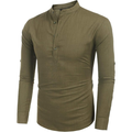 Men’s Cotton Linen Henley Shirt, Army Green Long Sleeve Casual Shirt